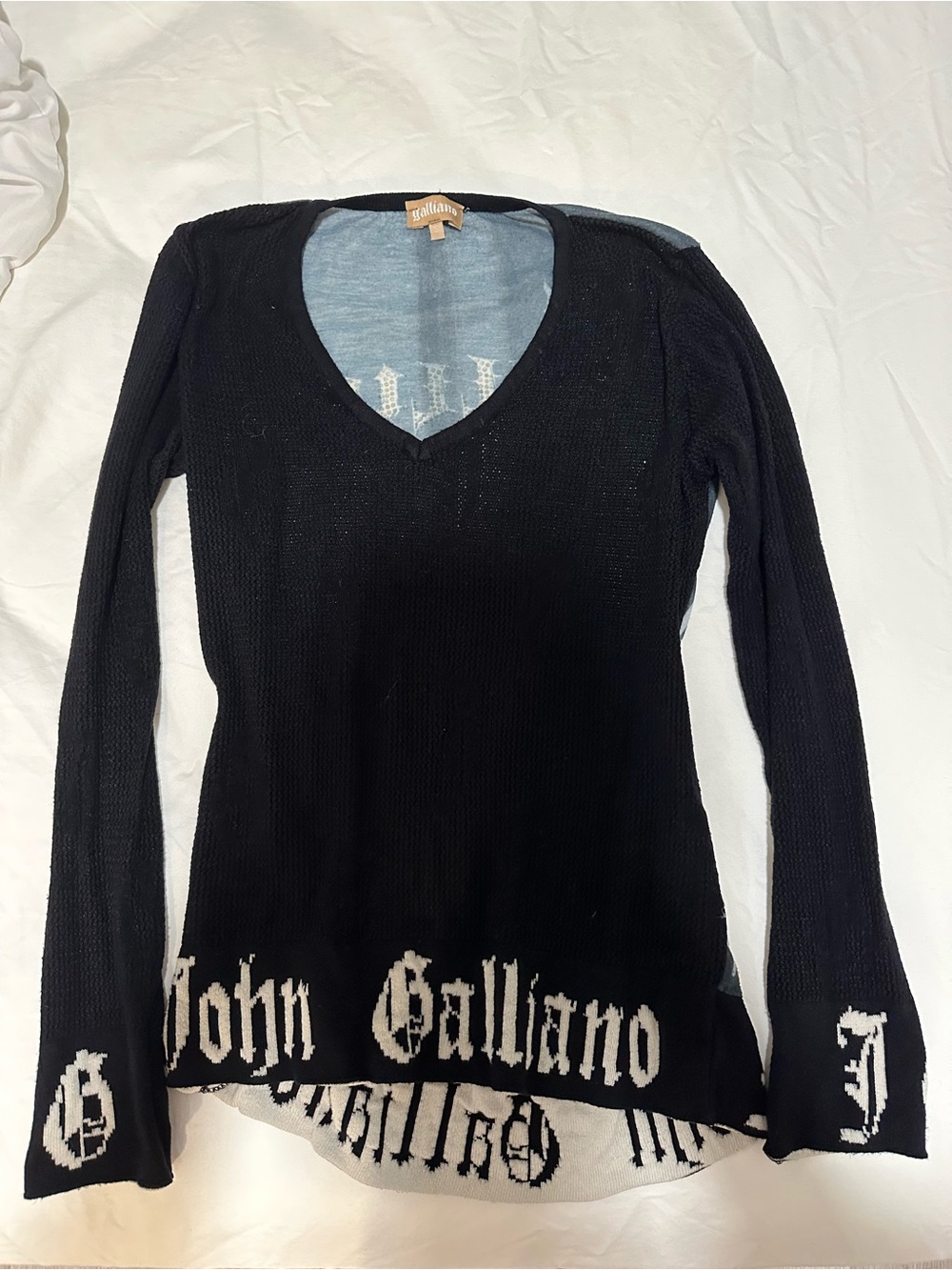 John Galliano Black V-Neck Sweater with White Logo Hem and Cuffs